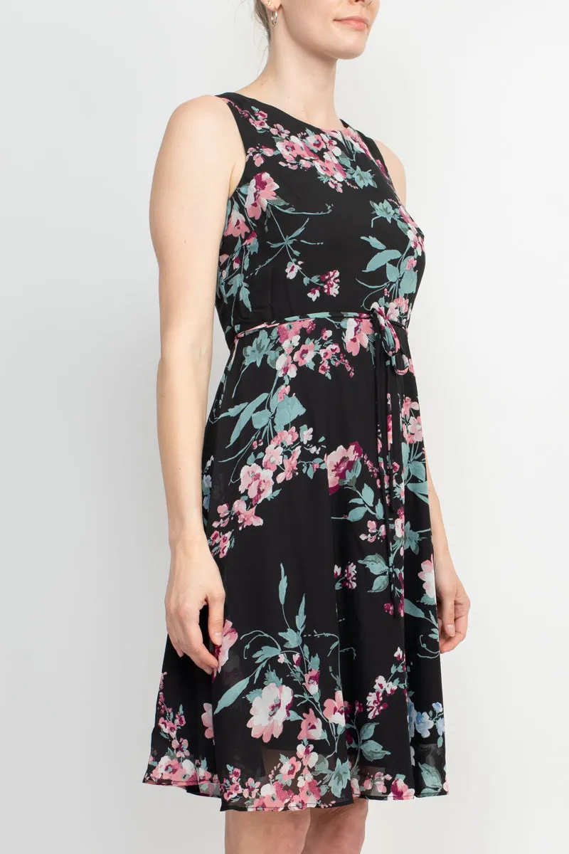 Studio One Crew Neck Sleeveless Tie Waist Floral Print Chiffon Dress with 3/4 Sleeve Textured Bolero