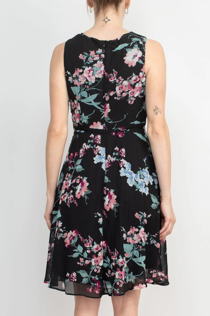 Studio One Crew Neck Sleeveless Tie Waist Floral Print Chiffon Dress with 3/4 Sleeve Textured Bolero