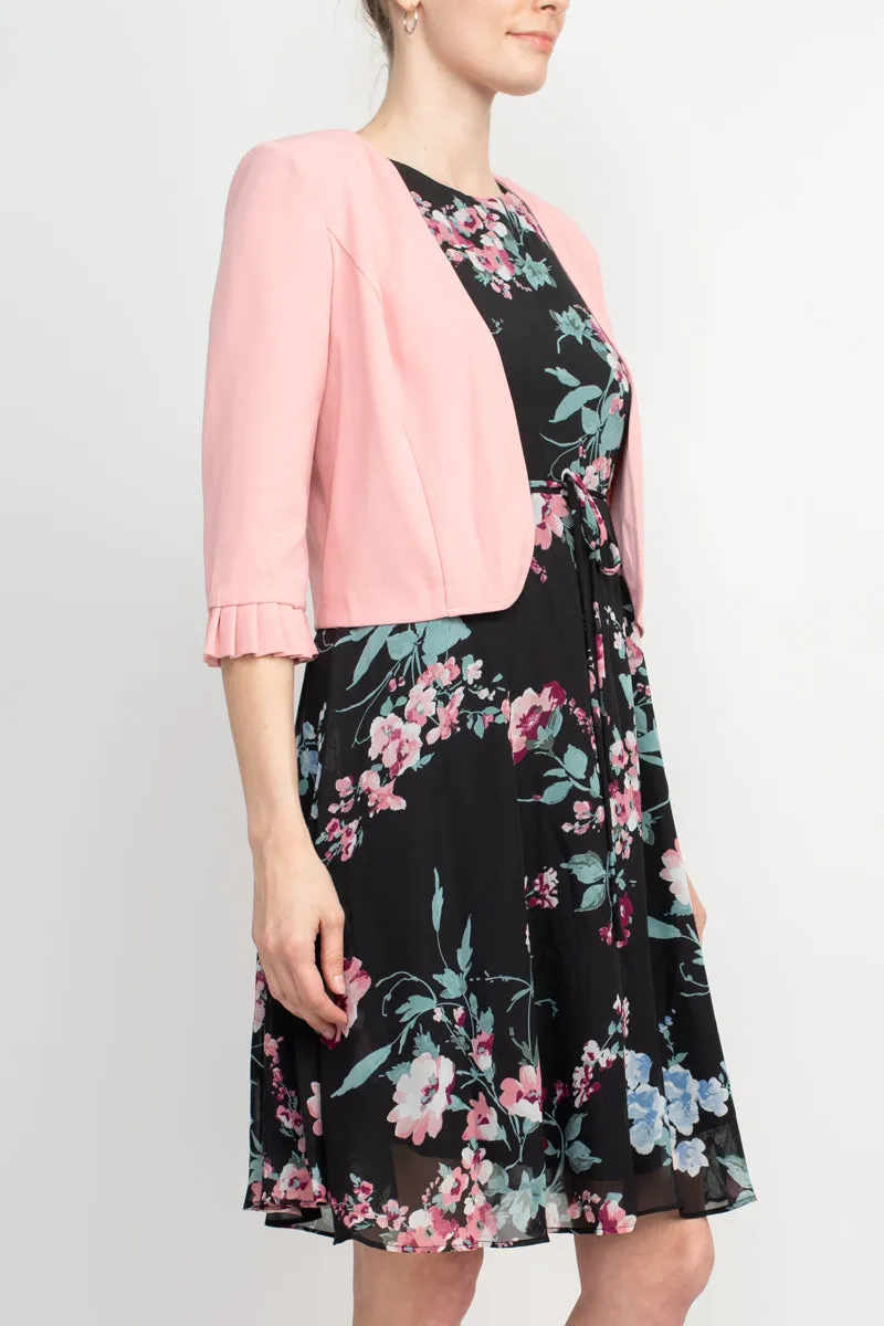 Studio One Crew Neck Sleeveless Tie Waist Floral Print Chiffon Dress with 3/4 Sleeve Textured Bolero