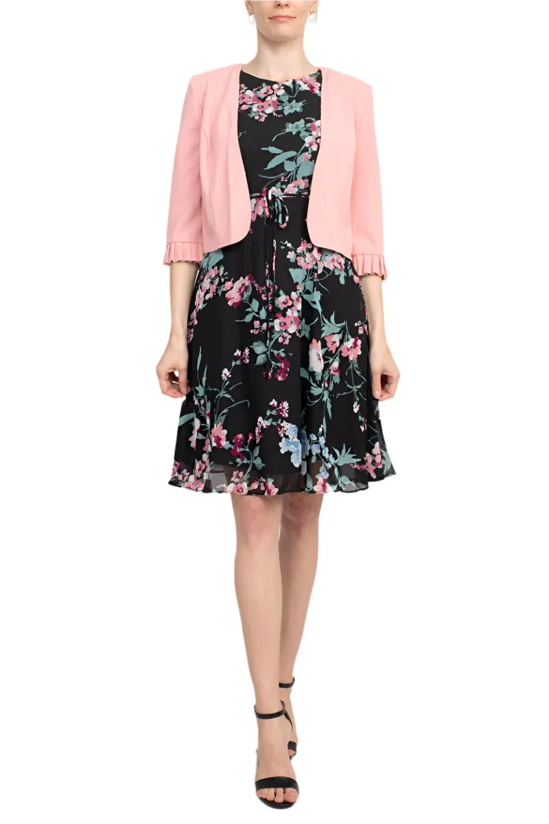 Studio One Crew Neck Sleeveless Tie Waist Floral Print Chiffon Dress with 3/4 Sleeve Textured Bolero