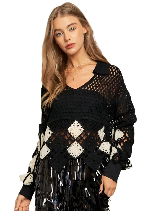 TEEK - Crochet V-Neck Long Sleeve Knit Sweater Top