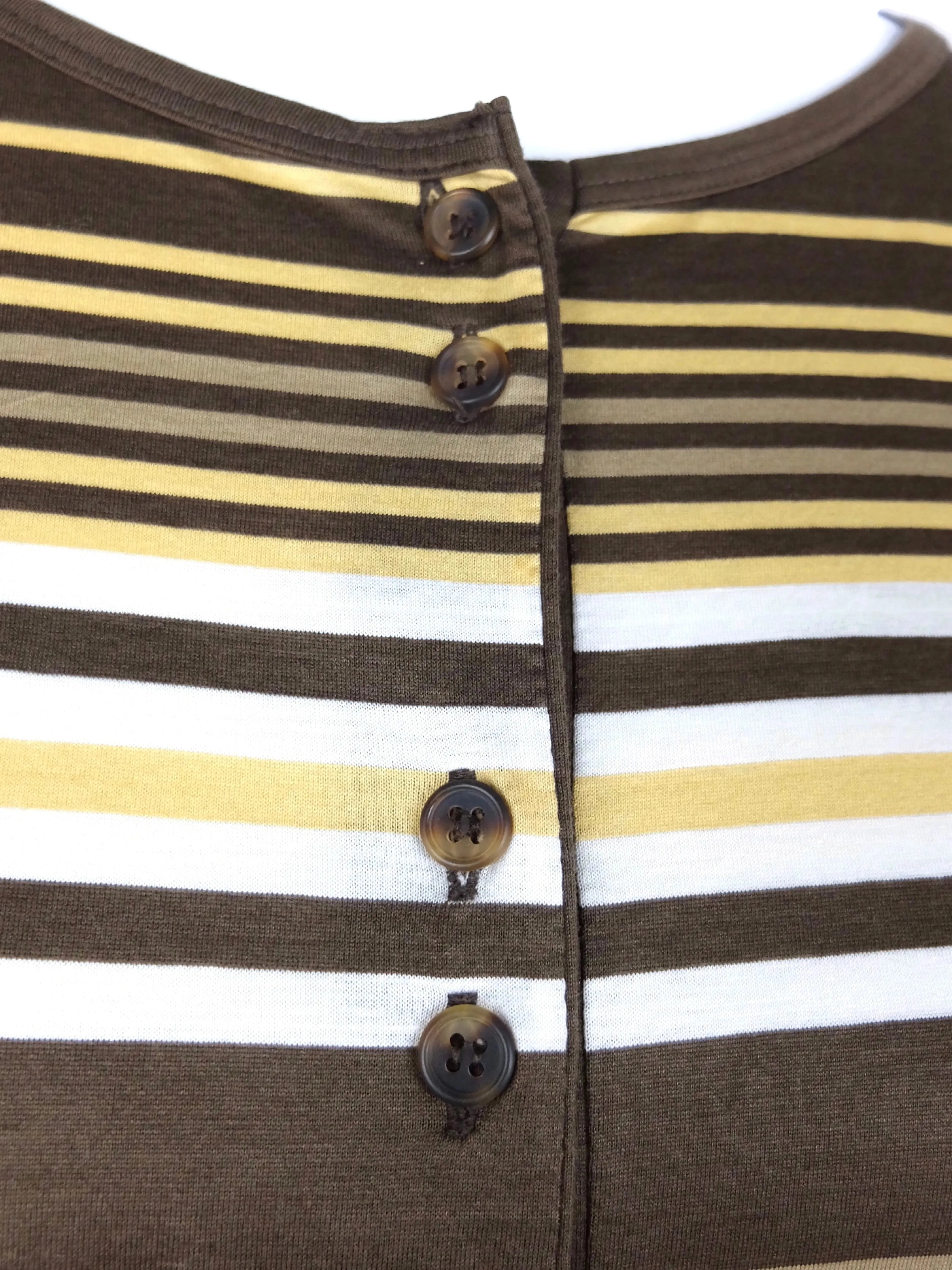 Vintage 80s Retro Brown and Yellow Striped Half Sleeve 1/2 Button Down Cotton T-Shirt