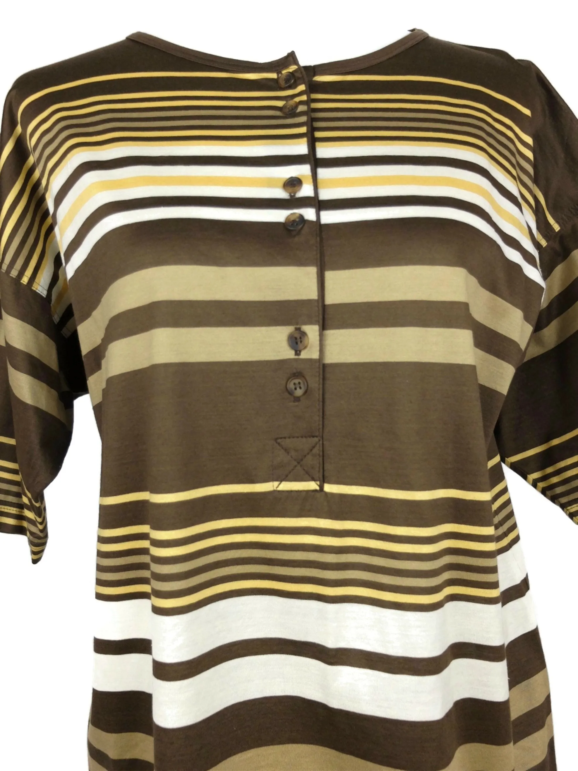 Vintage 80s Retro Brown and Yellow Striped Half Sleeve 1/2 Button Down Cotton T-Shirt