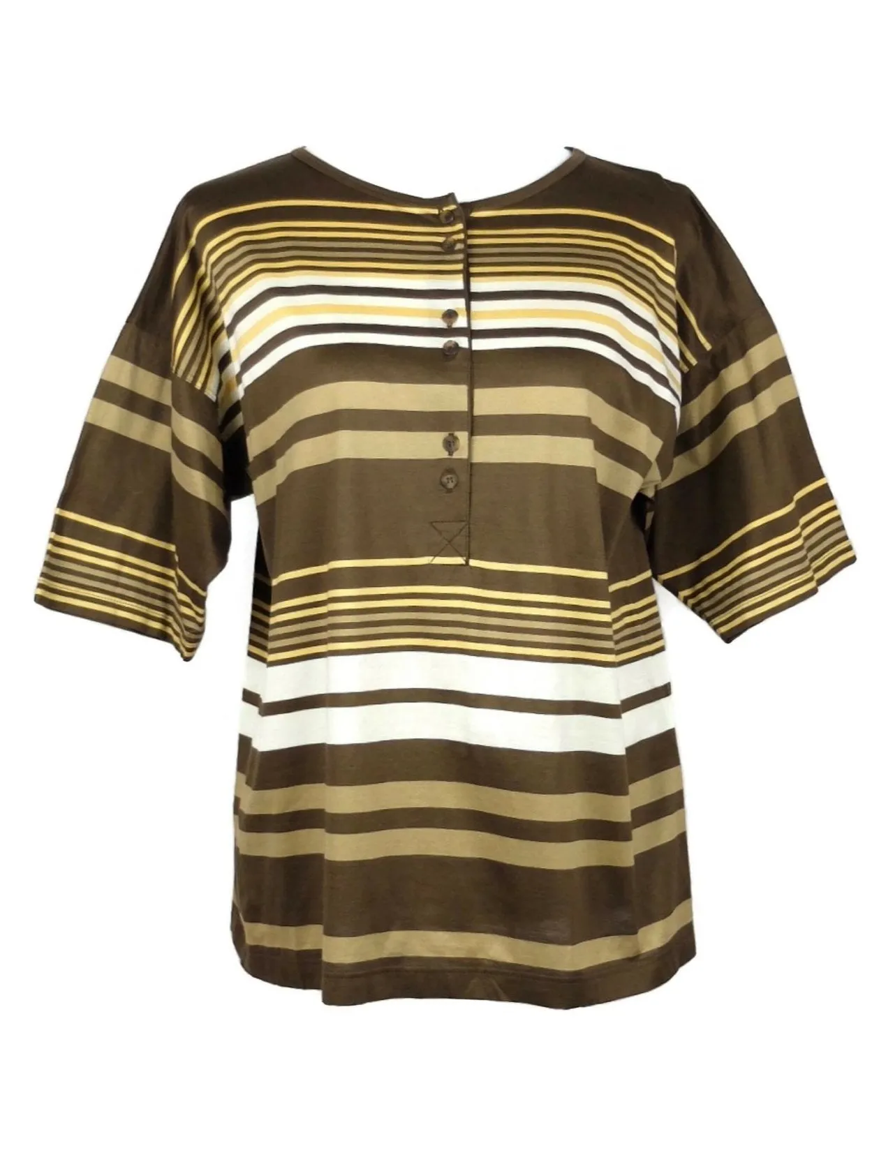 Vintage 80s Retro Brown and Yellow Striped Half Sleeve 1/2 Button Down Cotton T-Shirt