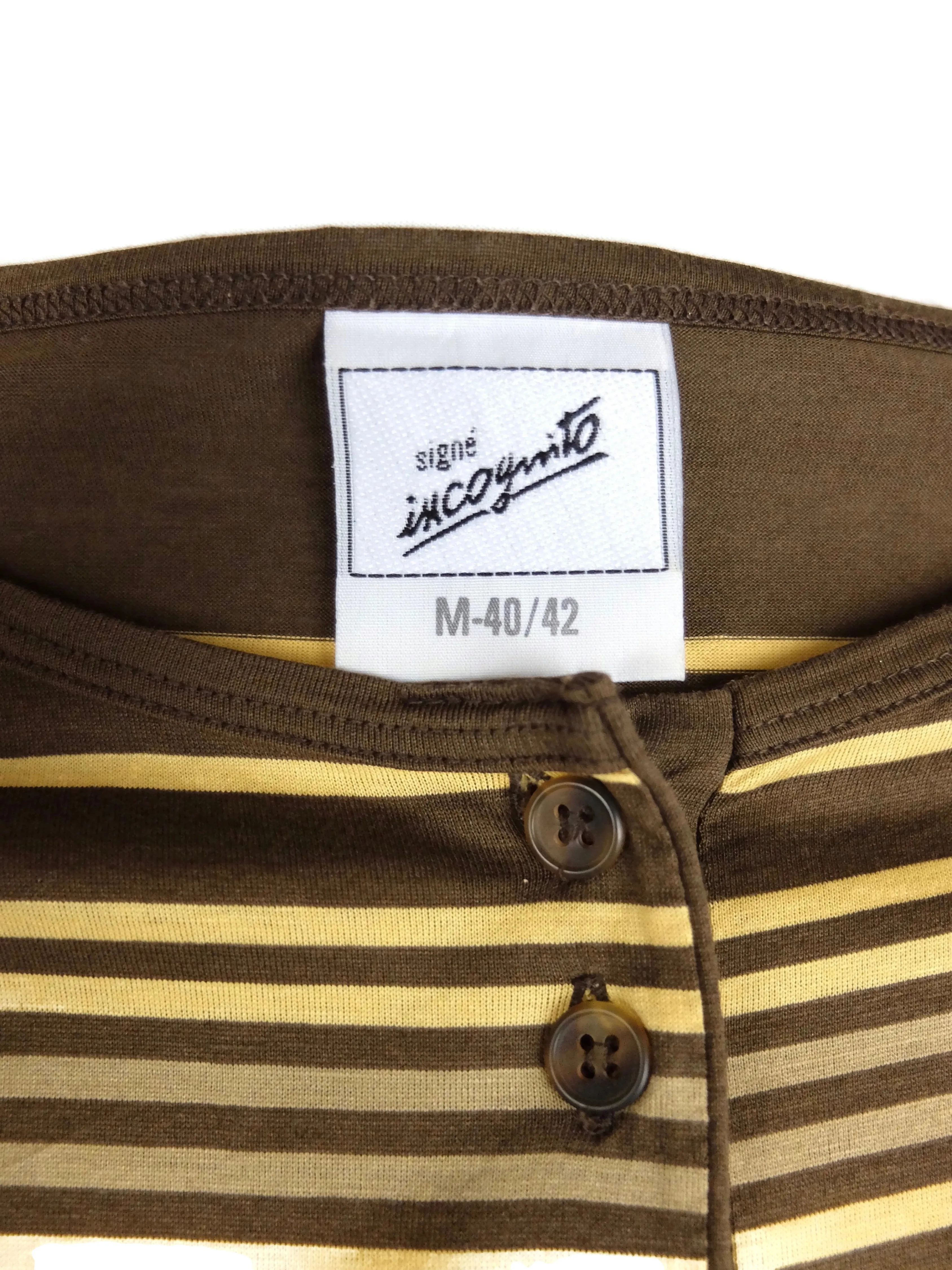 Vintage 80s Retro Brown and Yellow Striped Half Sleeve 1/2 Button Down Cotton T-Shirt