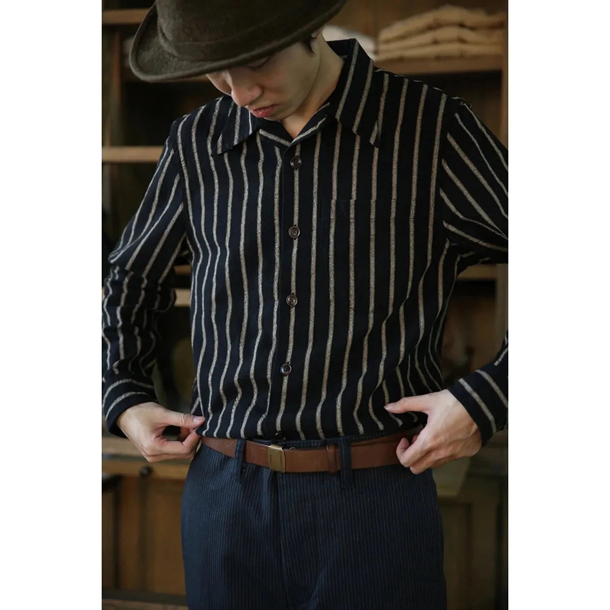 Vintage Long Sleeve Striped Camp Shirt for Men