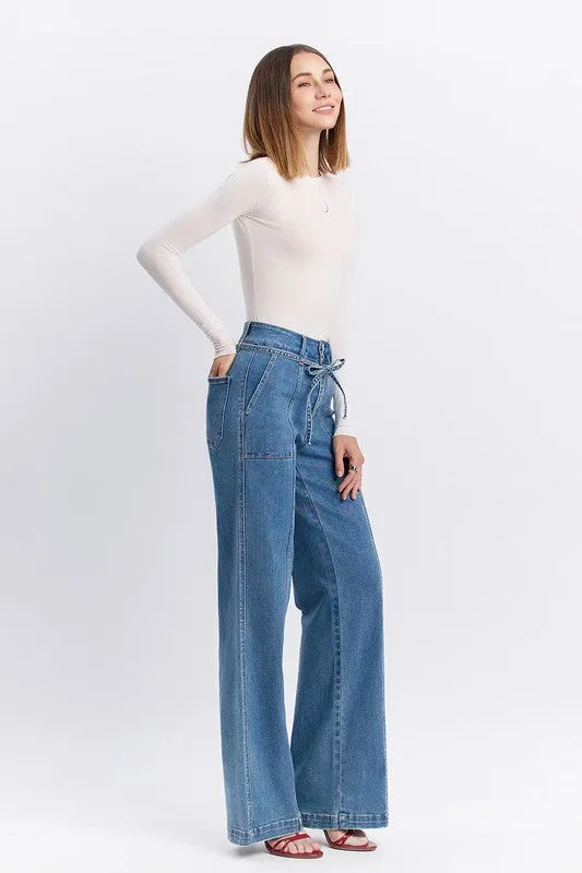 Waitlist 2/10 ♥ Norah High Rise Waist Tie Wide Leg Jeans Medium Wash