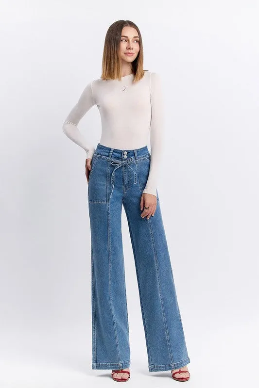 Waitlist 2/10 ♥ Norah High Rise Waist Tie Wide Leg Jeans Medium Wash