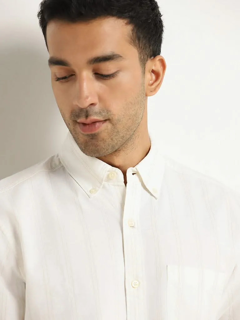 WES Casuals Off-White Striped Cotton Relaxed Fit Shirt