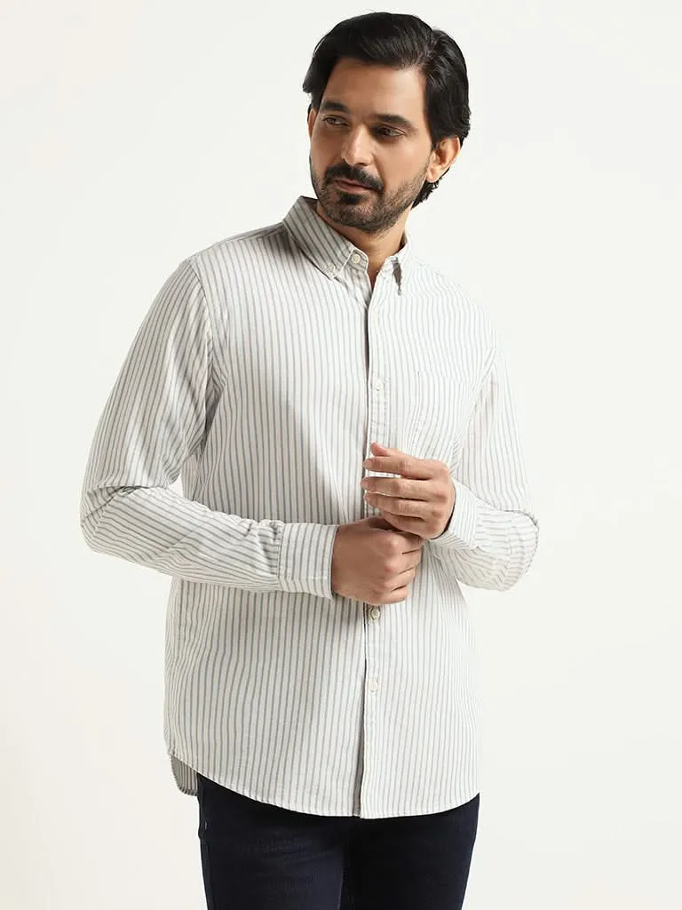 WES Casuals Striped Slim Fit Light Blue Cotton Shirt