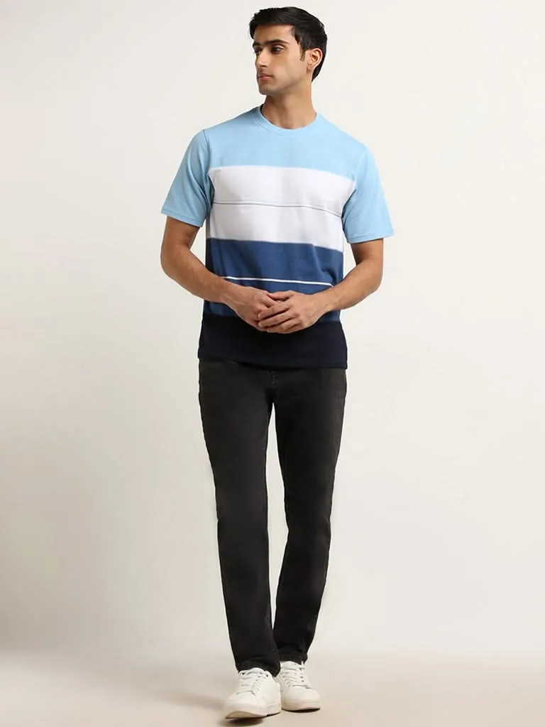 WES Lounge Blue Striped Cotton Blend Relaxed Fit T-Shirt