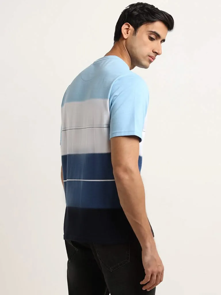 WES Lounge Blue Striped Cotton Blend Relaxed Fit T-Shirt