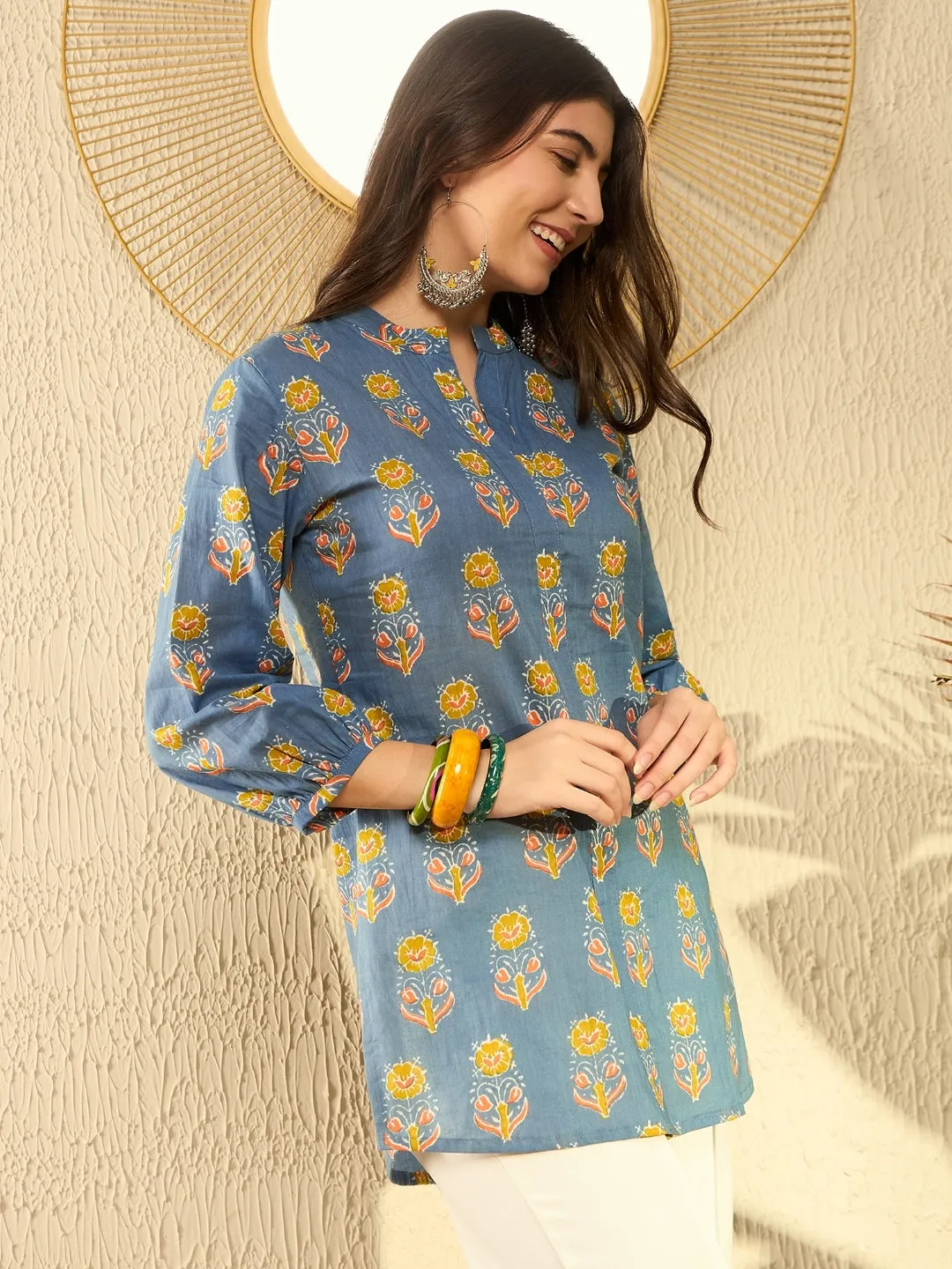 Women Blue Cotton Blend Floral Printed Regular Tunic