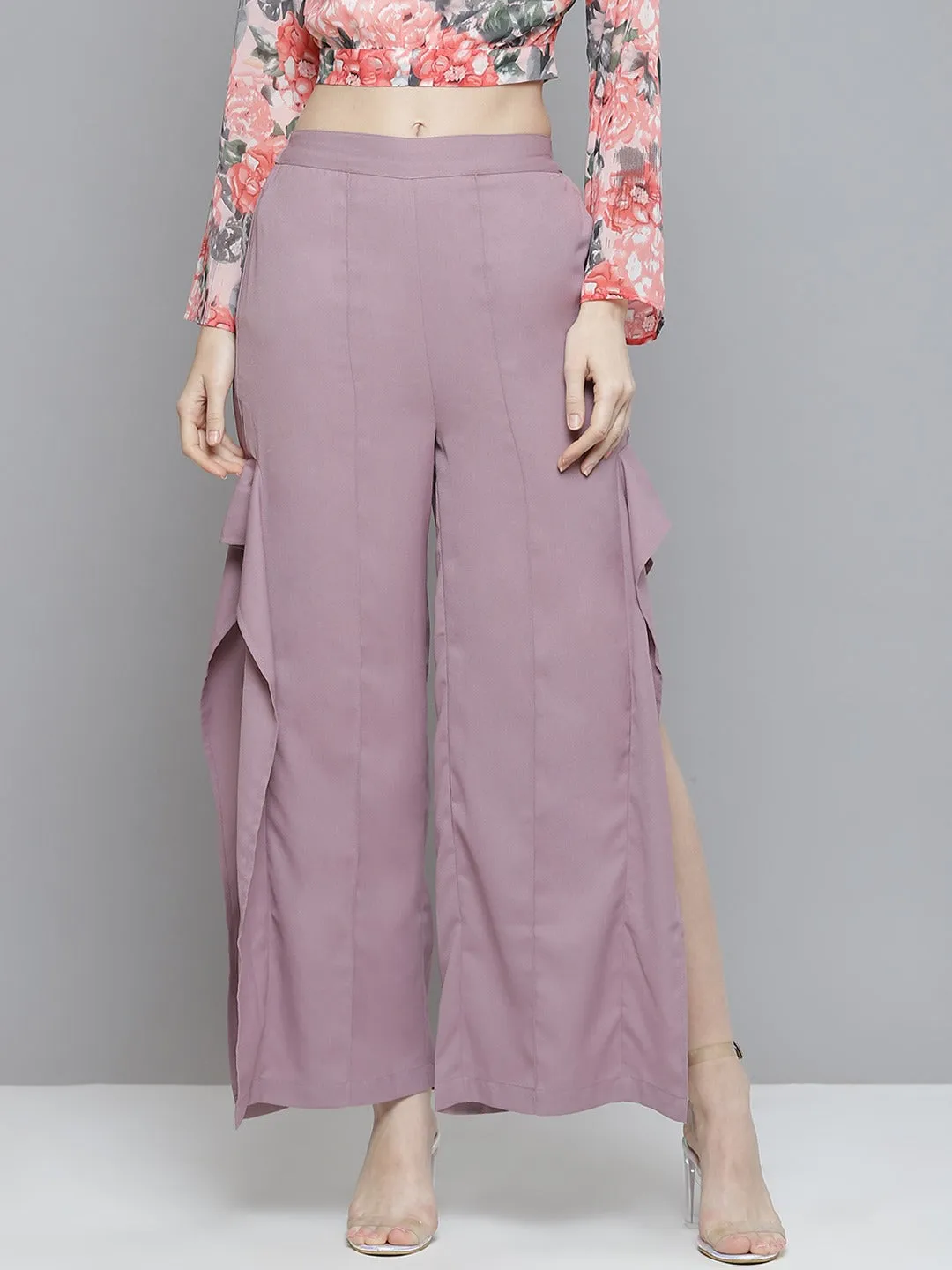 Women Lavender Side Slit Ruffled Wide Leg Pants