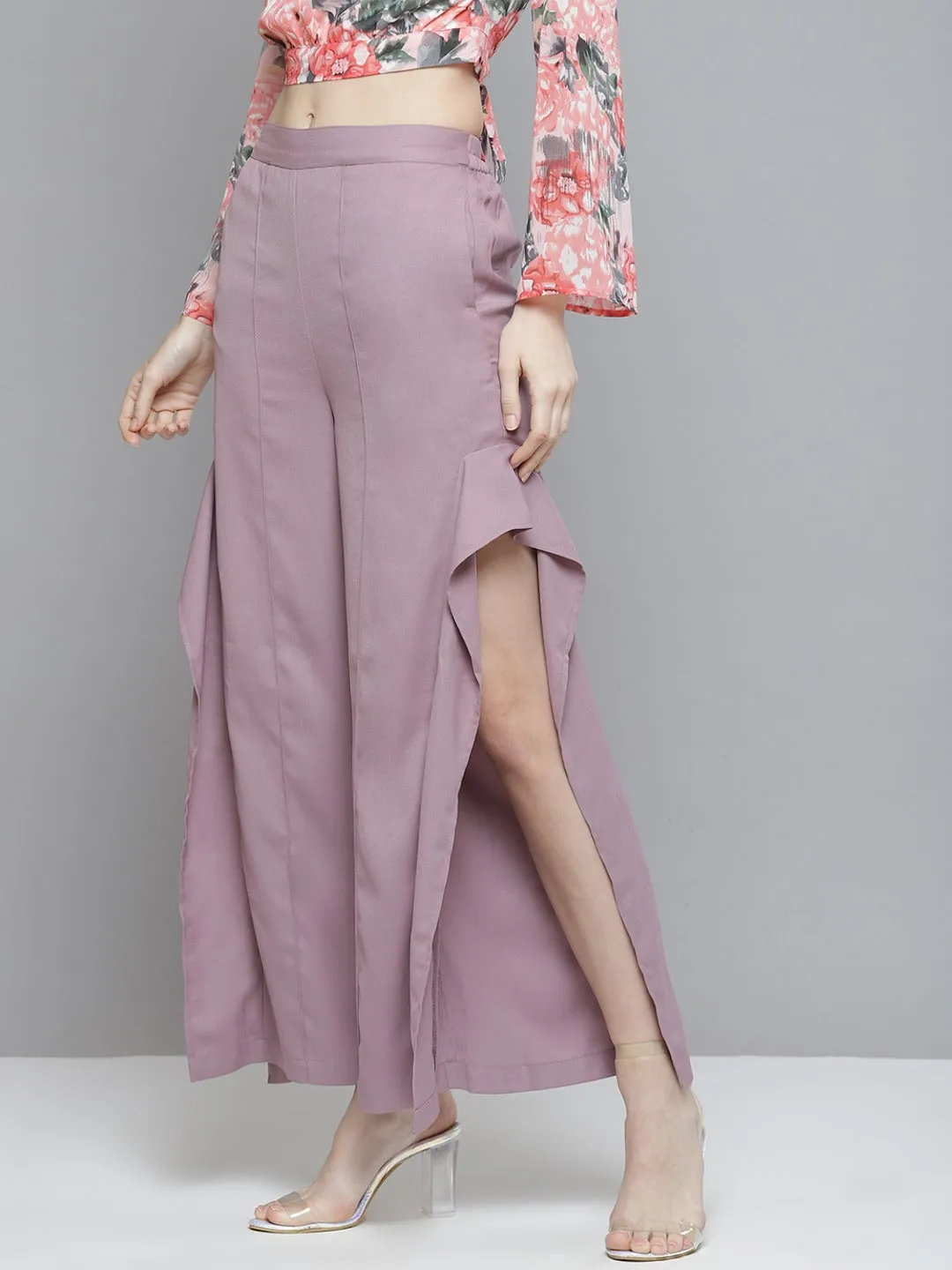 Women Lavender Side Slit Ruffled Wide Leg Pants