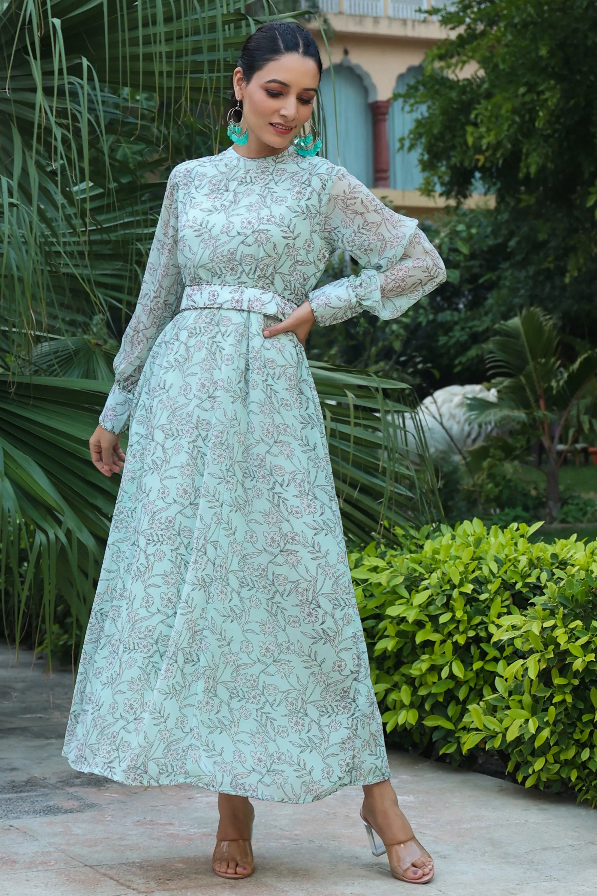 Women Sage Green Alphine Chiffon Printed Dress & Belt