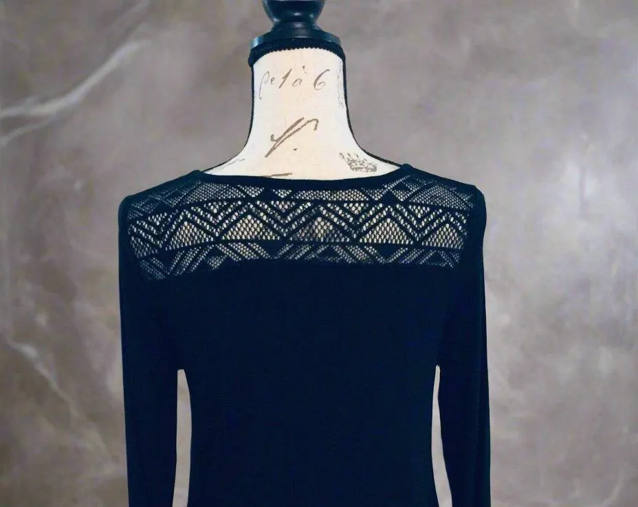 Womens Black Lace Trim Top, Soft Long Sleeve Shirt, Faux Button Top, Sizes S/M/L, Solid Black