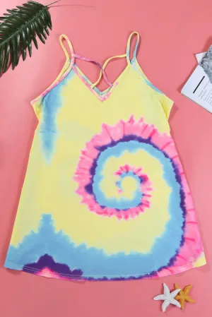 Yellow Tie Dye Strappy Crossed Neckline Tank Top